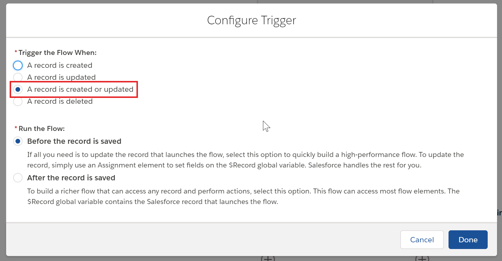 Configure Trigger in Salesforce Flow Builder